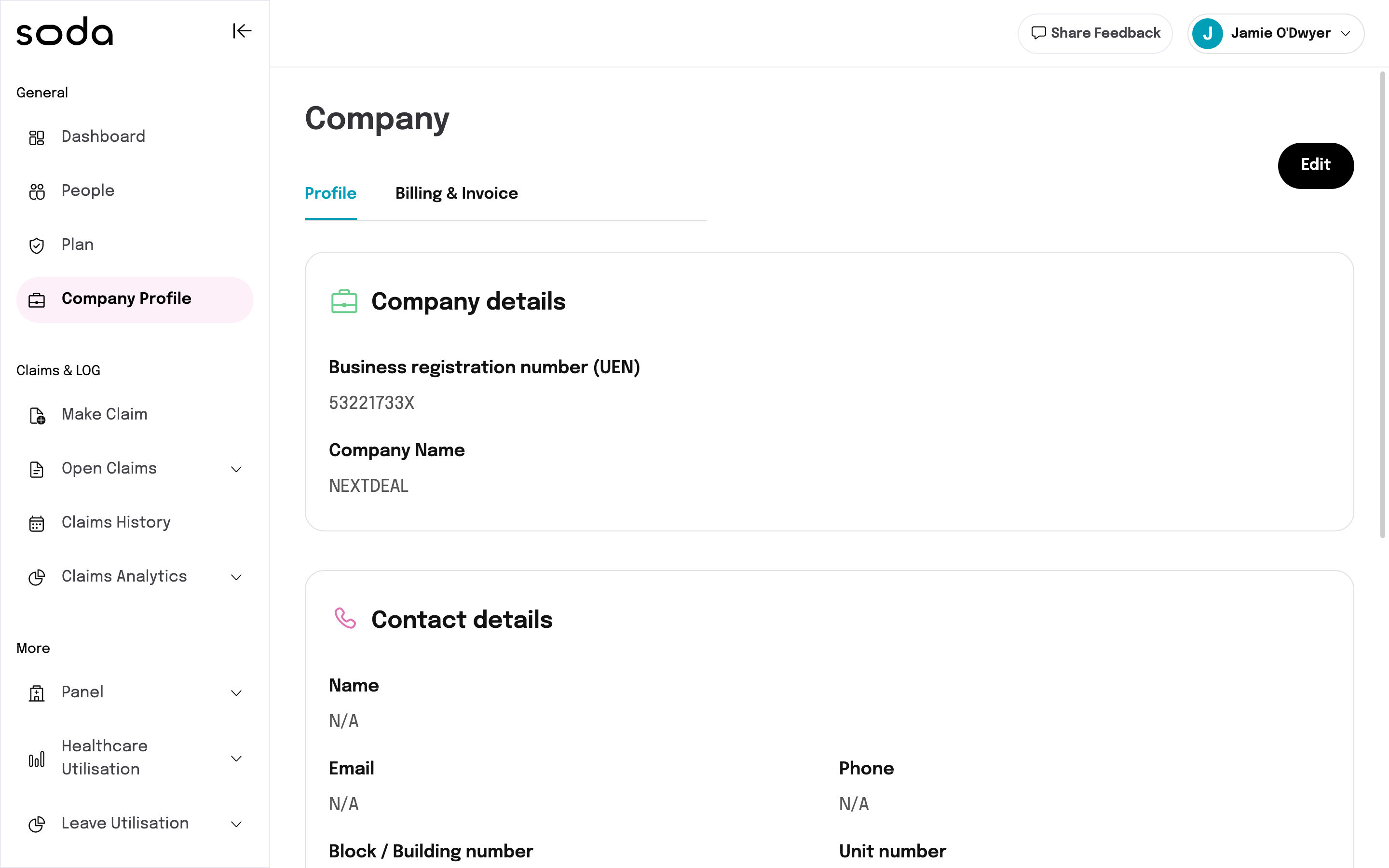 Company Profile page with Profile and Billing & Invoice tabs