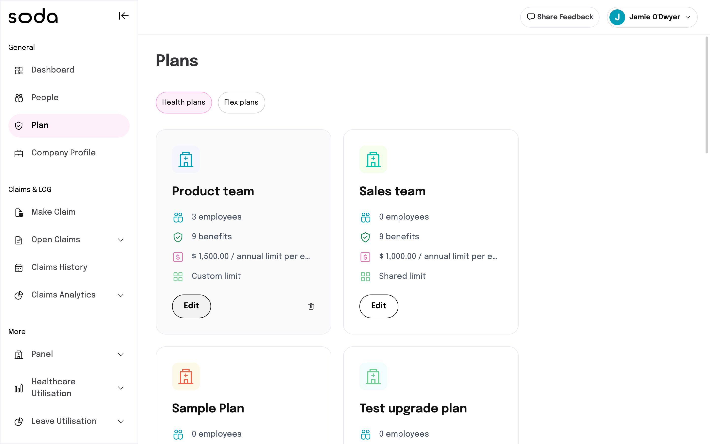 The Plans page with health plan cards