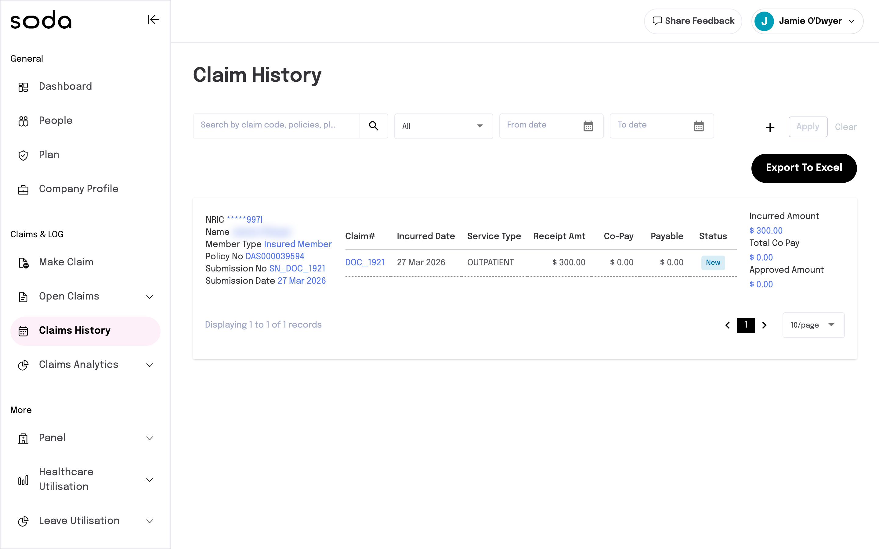 Claims History showing a claim with member, fee, and status details